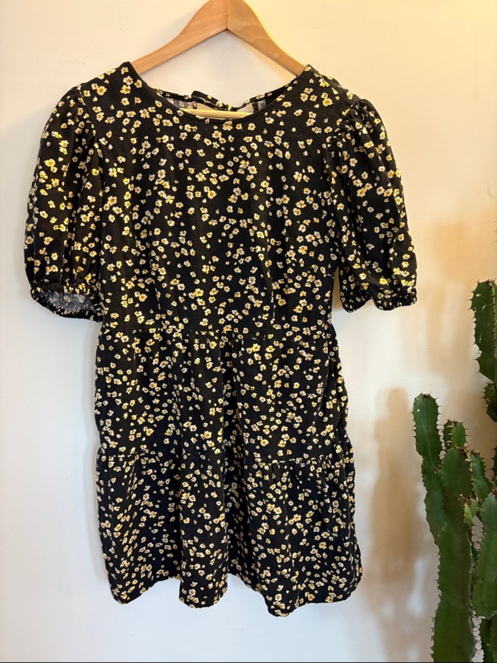 Who What Wear Black Mini Dress with Yellow and Cream Floral Print
